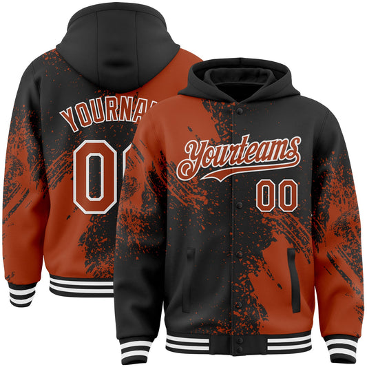 Custom Black Texas Orange-White Abstract Brush Stroke 3D Pattern Design Bomber Full-Snap Varsity Letterman Hoodie Jacket - Main View