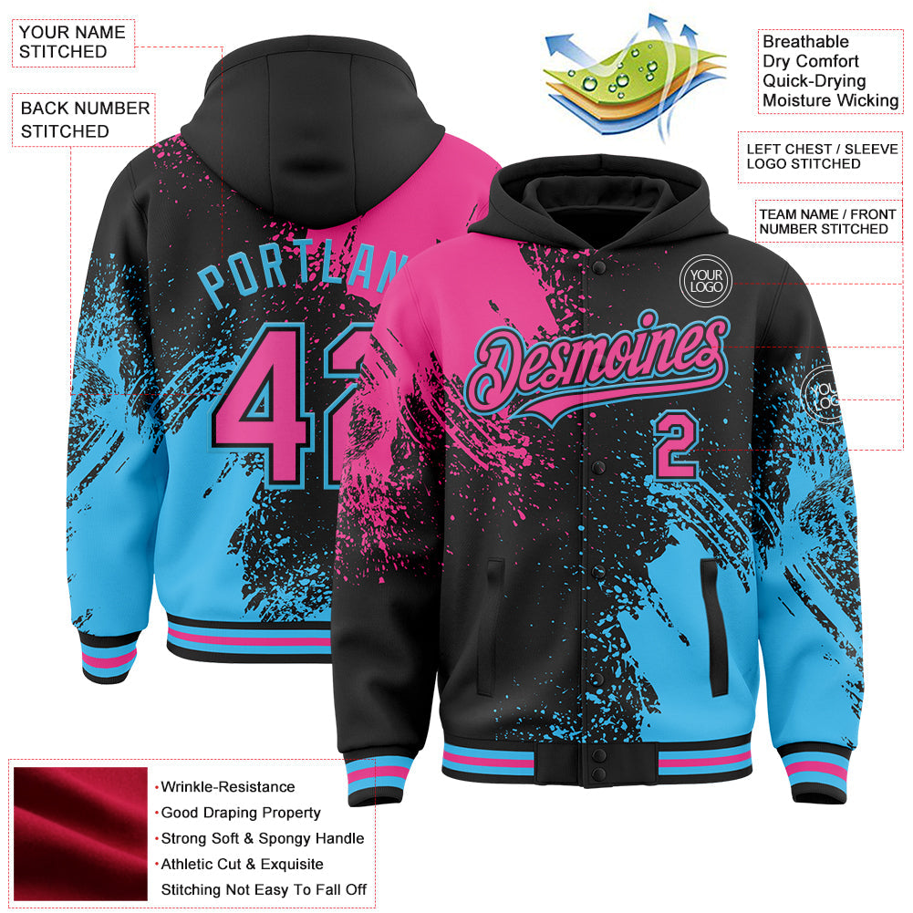 Custom Black Pink-Sky Blue Abstract Brush Stroke 3D Pattern Design Bomber Full-Snap Varsity Letterman Hoodie Jacket view 4