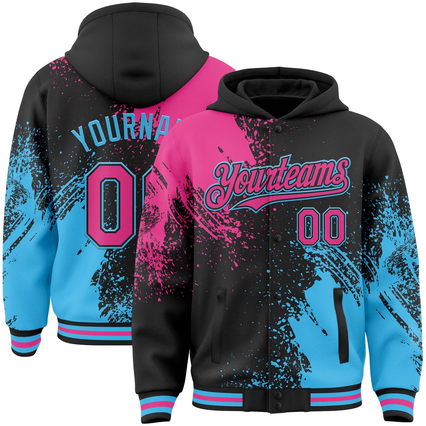 Custom Black Pink-Sky Blue Abstract Brush Stroke 3D Pattern Design Bomber Full-Snap Varsity Letterman Hoodie Jacket - Main View