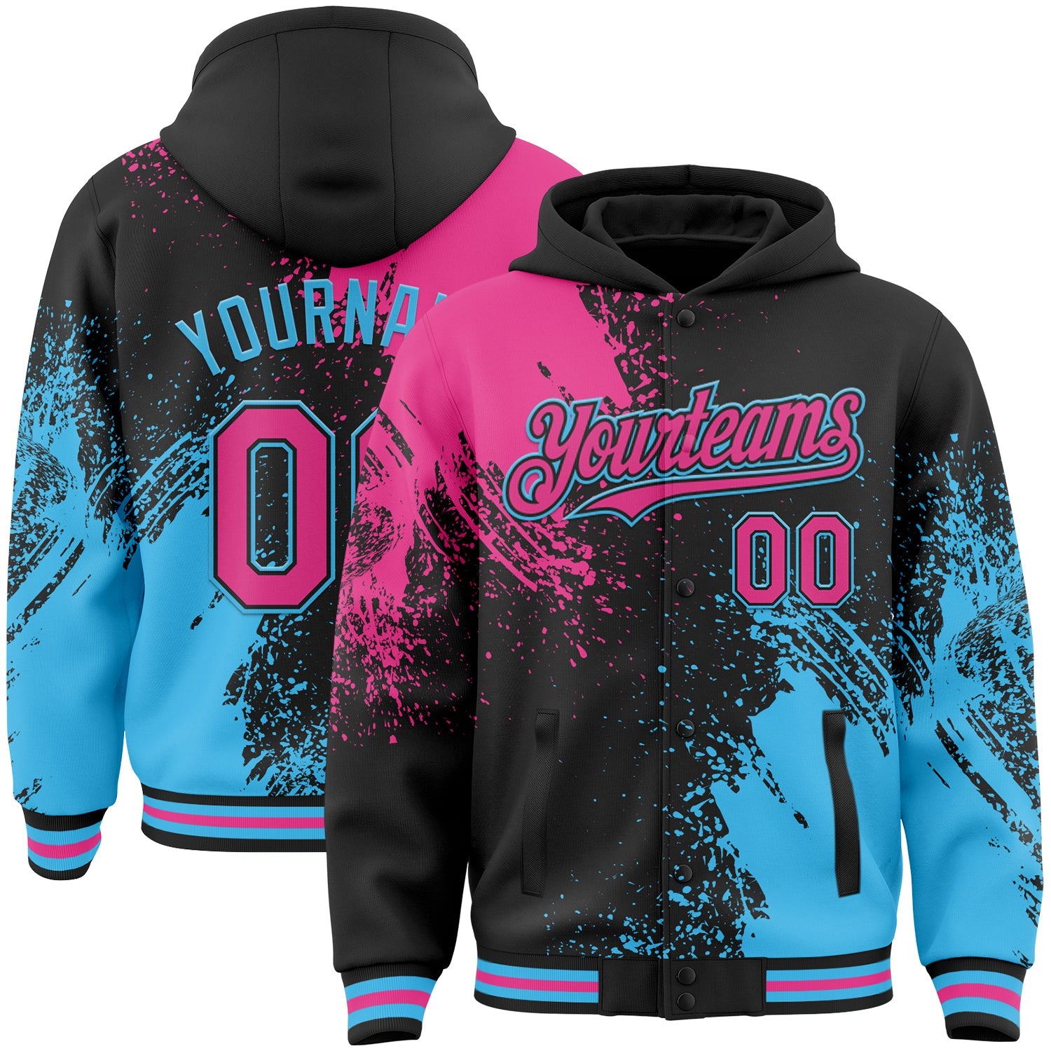 Custom Black Pink-Sky Blue Abstract Brush Stroke 3D Pattern Design Bomber Full-Snap Varsity Letterman Hoodie Jacket - Main View