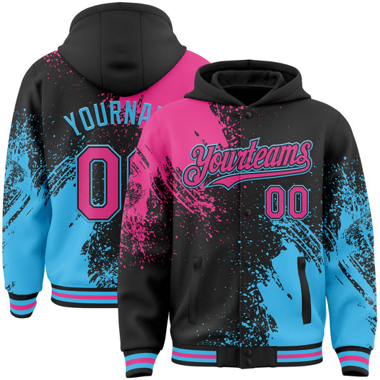 Custom Black Pink-Sky Blue Abstract Brush Stroke 3D Pattern Design Bomber Full-Snap Varsity Letterman Hoodie Jacket - Main View