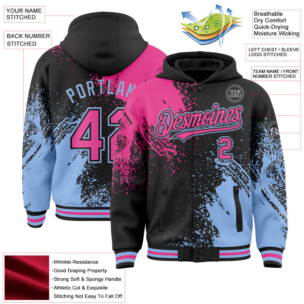 Custom Black Pink-Light Blue Abstract Brush Stroke 3D Pattern Design Bomber Full-Snap Varsity Letterman Hoodie Jacket view 4