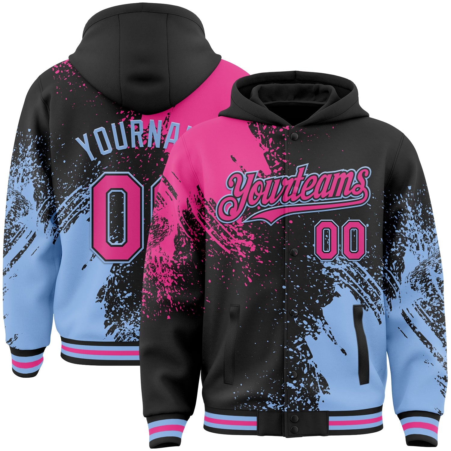 Custom Black Pink-Light Blue Abstract Brush Stroke 3D Pattern Design Bomber Full-Snap Varsity Letterman Hoodie Jacket - Main View