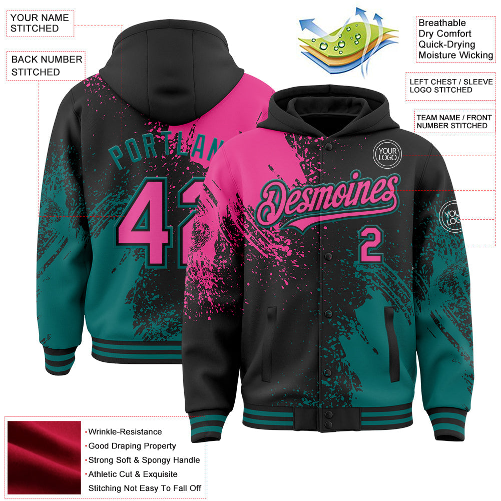 Custom Black Pink-Teal Abstract Brush Stroke 3D Pattern Design Bomber Full-Snap Varsity Letterman Hoodie Jacket view 4
