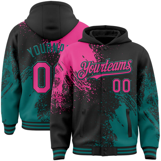 Custom Black Pink-Teal Abstract Brush Stroke 3D Pattern Design Bomber Full-Snap Varsity Letterman Hoodie Jacket - Main View