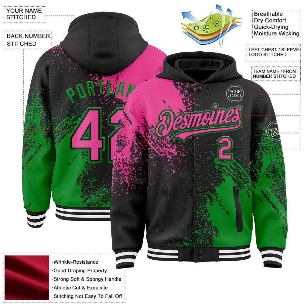 Custom Black Pink Grass Green-White Abstract Brush Stroke 3D Pattern Design Bomber Full-Snap Varsity Letterman Hoodie Jacket view 4