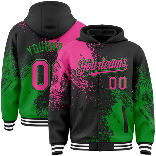 Custom Black Pink Grass Green-White Abstract Brush Stroke 3D Pattern Design Bomber Full-Snap Varsity Letterman Hoodie Jacket - Main View
