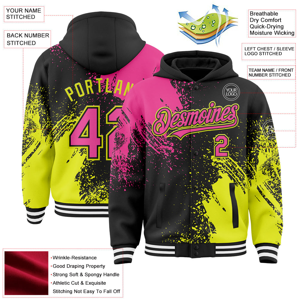 Custom Black Pink Neon Yellow-White Abstract Brush Stroke 3D Pattern Design Bomber Full-Snap Varsity Letterman Hoodie Jacket view 4