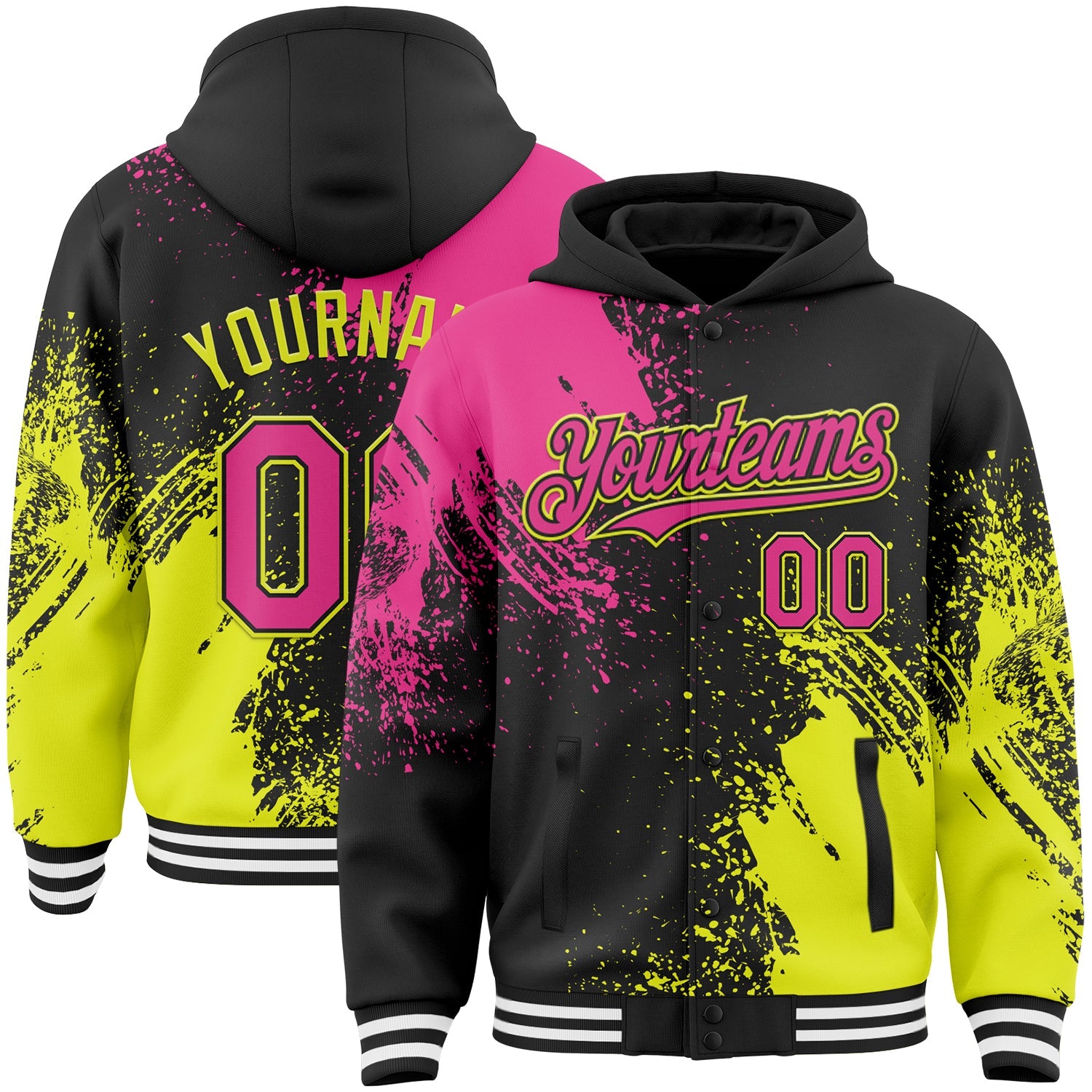 Custom Black Pink Neon Yellow-White Abstract Brush Stroke 3D Pattern Design Bomber Full-Snap Varsity Letterman Hoodie Jacket - Main View