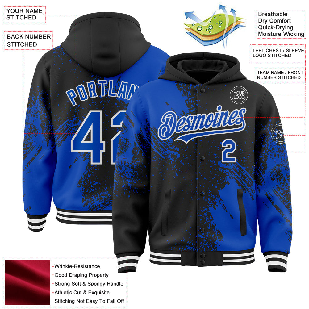 Custom Black Thunder Blue-White Abstract Brush Stroke 3D Pattern Design Bomber Full-Snap Varsity Letterman Hoodie Jacket view 4
