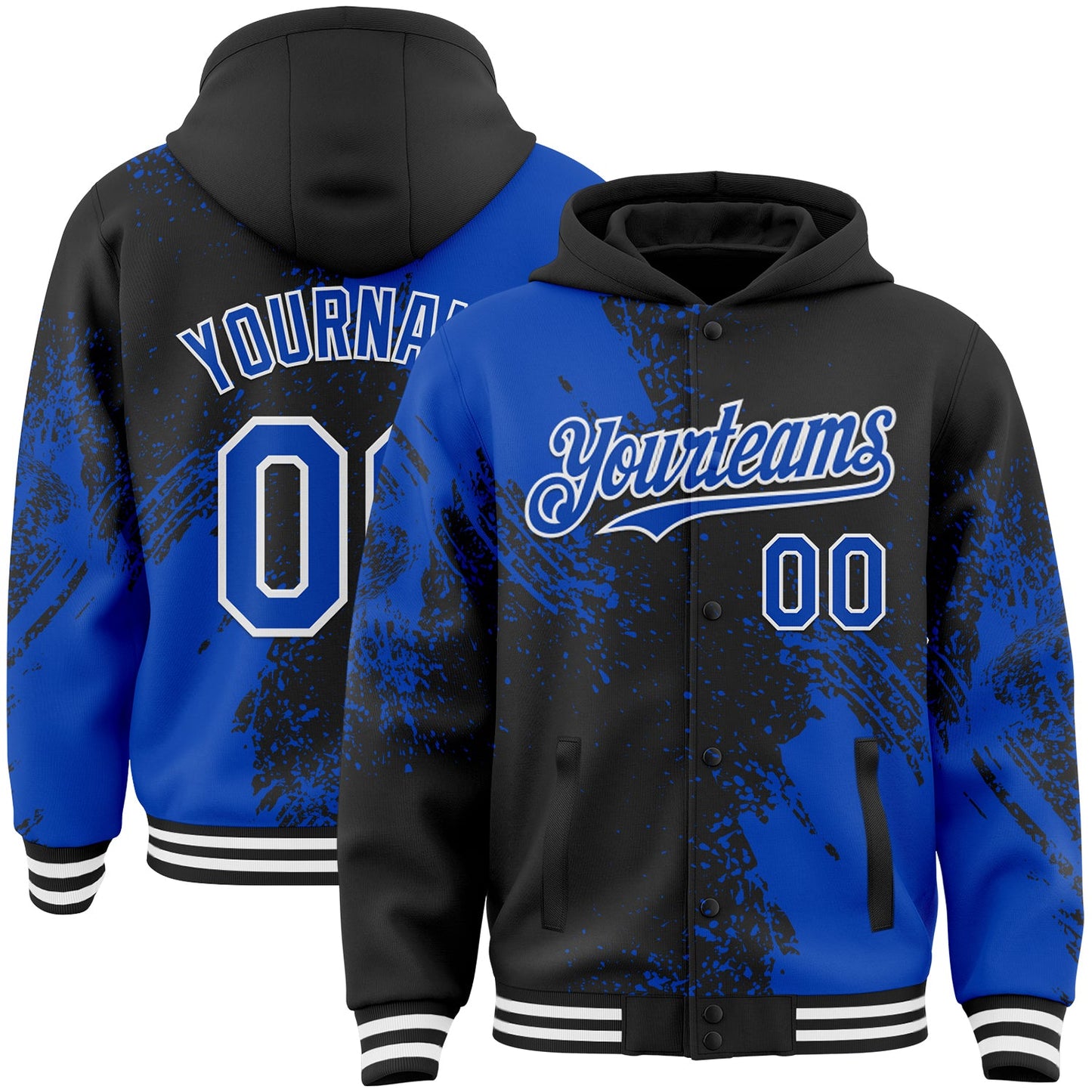 Custom Black Thunder Blue-White Abstract Brush Stroke 3D Pattern Design Bomber Full-Snap Varsity Letterman Hoodie Jacket - Main View