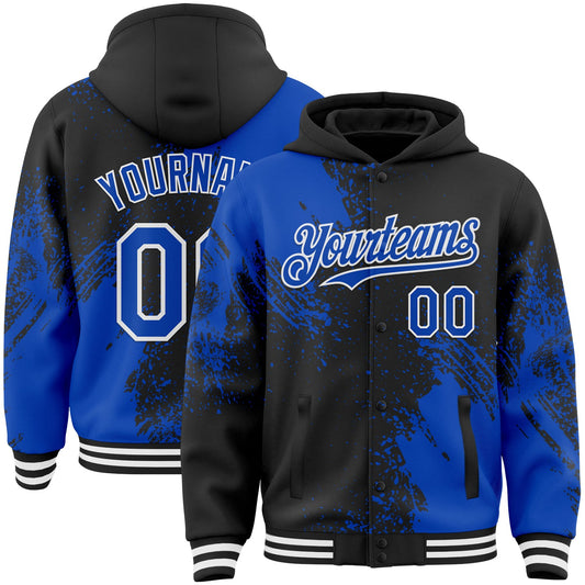 Custom Black Thunder Blue-White Abstract Brush Stroke 3D Pattern Design Bomber Full-Snap Varsity Letterman Hoodie Jacket - Main View