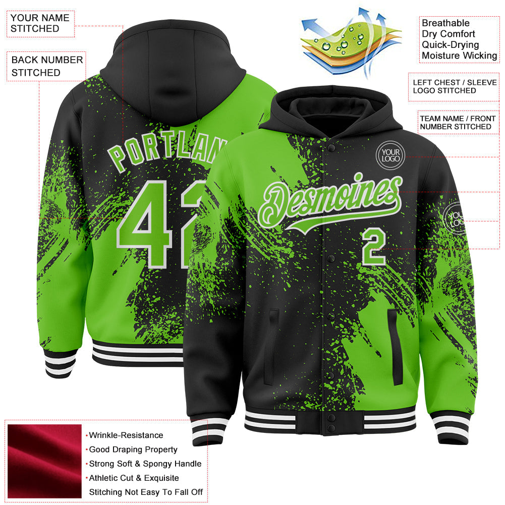 Custom Black Aurora Green-White Abstract Brush Stroke 3D Pattern Design Bomber Full-Snap Varsity Letterman Hoodie Jacket view 4