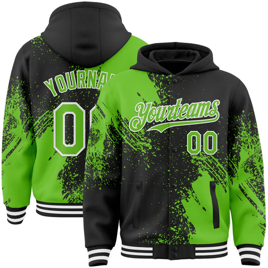 Custom Black Aurora Green-White Abstract Brush Stroke 3D Pattern Design Bomber Full-Snap Varsity Letterman Hoodie Jacket - Main View