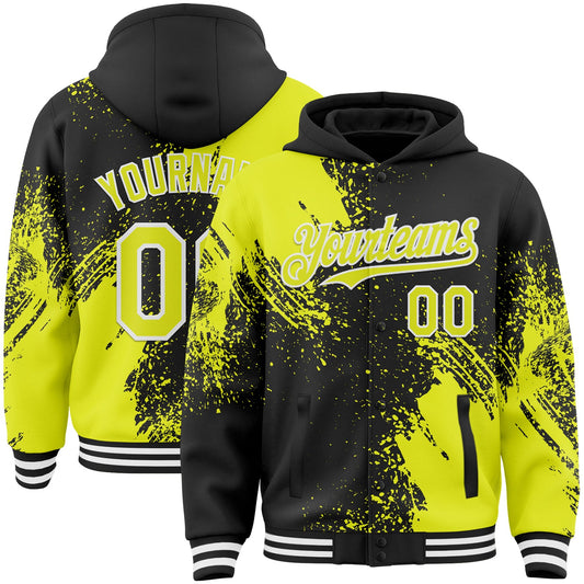 Custom Black Neon Yellow-White Abstract Brush Stroke 3D Pattern Design Bomber Full-Snap Varsity Letterman Hoodie Jacket - Main View
