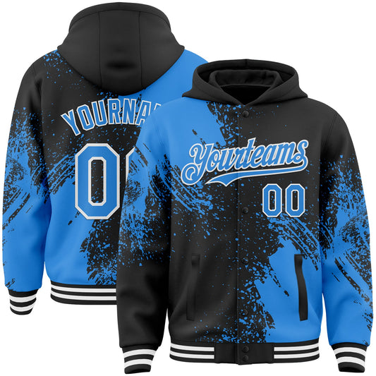 Custom Black Powder Blue-White Abstract Brush Stroke 3D Pattern Design Bomber Full-Snap Varsity Letterman Hoodie Jacket - Main View