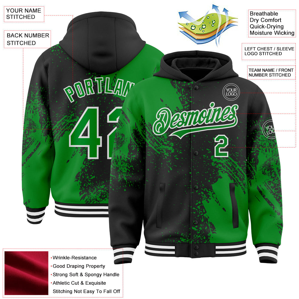 Custom Black Grass Green-White Abstract Brush Stroke 3D Pattern Design Bomber Full-Snap Varsity Letterman Hoodie Jacket view 4
