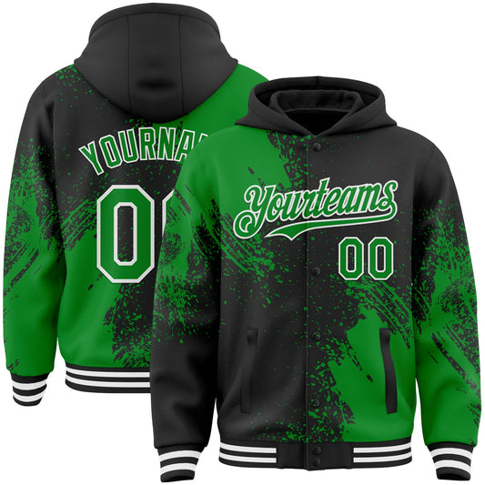 Custom Black Grass Green-White Abstract Brush Stroke 3D Pattern Design Bomber Full-Snap Varsity Letterman Hoodie Jacket - Main View