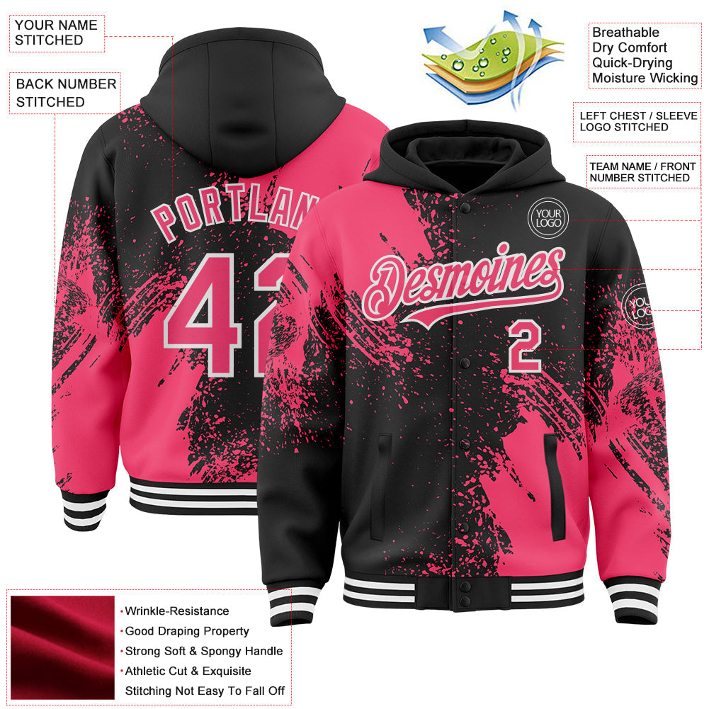 Custom Black Neon Pink-White Abstract Brush Stroke 3D Pattern Design Bomber Full-Snap Varsity Letterman Hoodie Jacket view 4