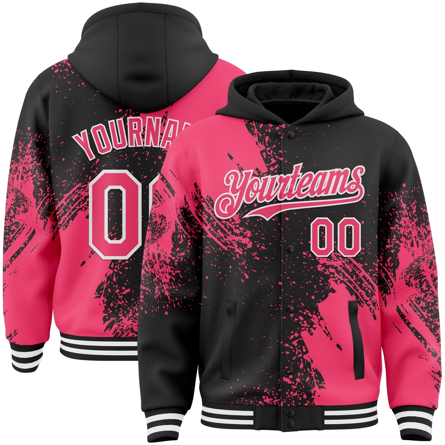 Custom Black Neon Pink-White Abstract Brush Stroke 3D Pattern Design Bomber Full-Snap Varsity Letterman Hoodie Jacket - Main View