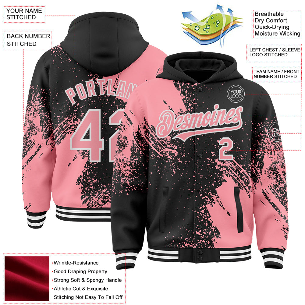 Custom Black Medium Pink-White Abstract Brush Stroke 3D Pattern Design Bomber Full-Snap Varsity Letterman Hoodie Jacket view 4