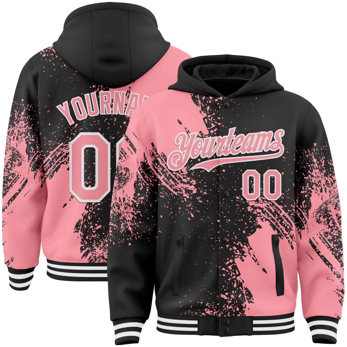 Custom Black Medium Pink-White Abstract Brush Stroke 3D Pattern Design Bomber Full-Snap Varsity Letterman Hoodie Jacket - Main View