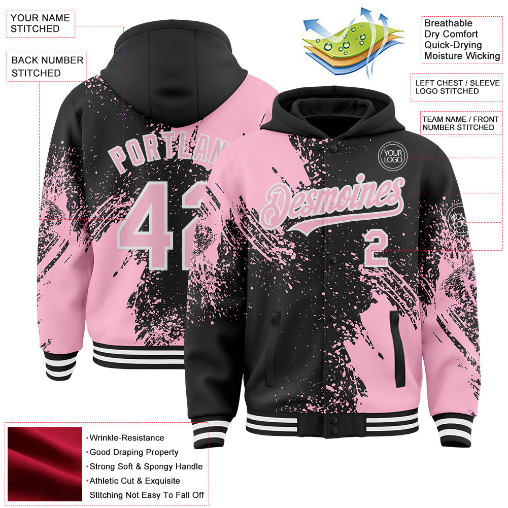 Custom Black Light Pink-White Abstract Brush Stroke 3D Pattern Design Bomber Full-Snap Varsity Letterman Hoodie Jacket view 4