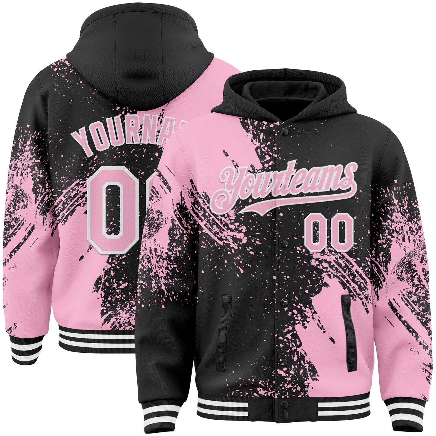 Custom Black Light Pink-White Abstract Brush Stroke 3D Pattern Design Bomber Full-Snap Varsity Letterman Hoodie Jacket - Main View
