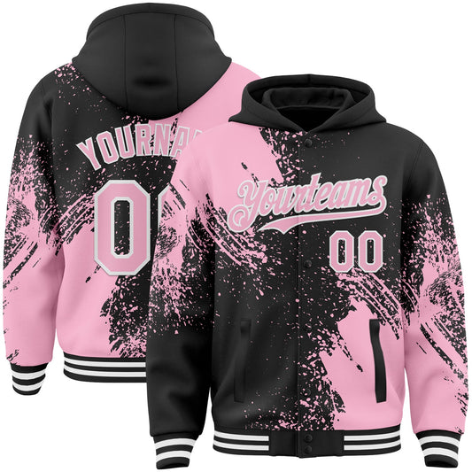 Custom Black Light Pink-White Abstract Brush Stroke 3D Pattern Design Bomber Full-Snap Varsity Letterman Hoodie Jacket - Main View