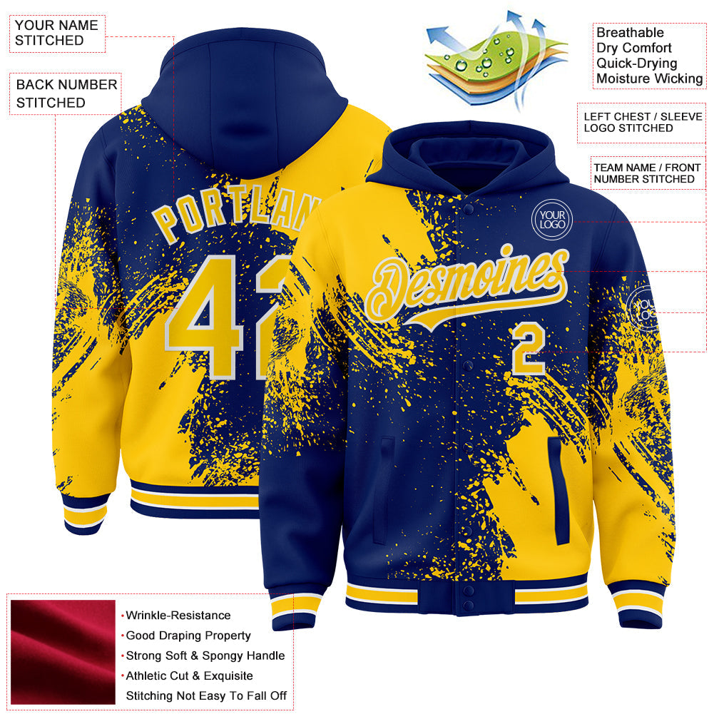 Custom Royal Yellow-White Abstract Brush Stroke 3D Pattern Design Bomber Full-Snap Varsity Letterman Hoodie Jacket view 4