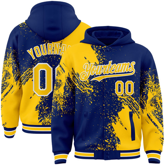 Custom Royal Yellow-White Abstract Brush Stroke 3D Pattern Design Bomber Full-Snap Varsity Letterman Hoodie Jacket - Main View
