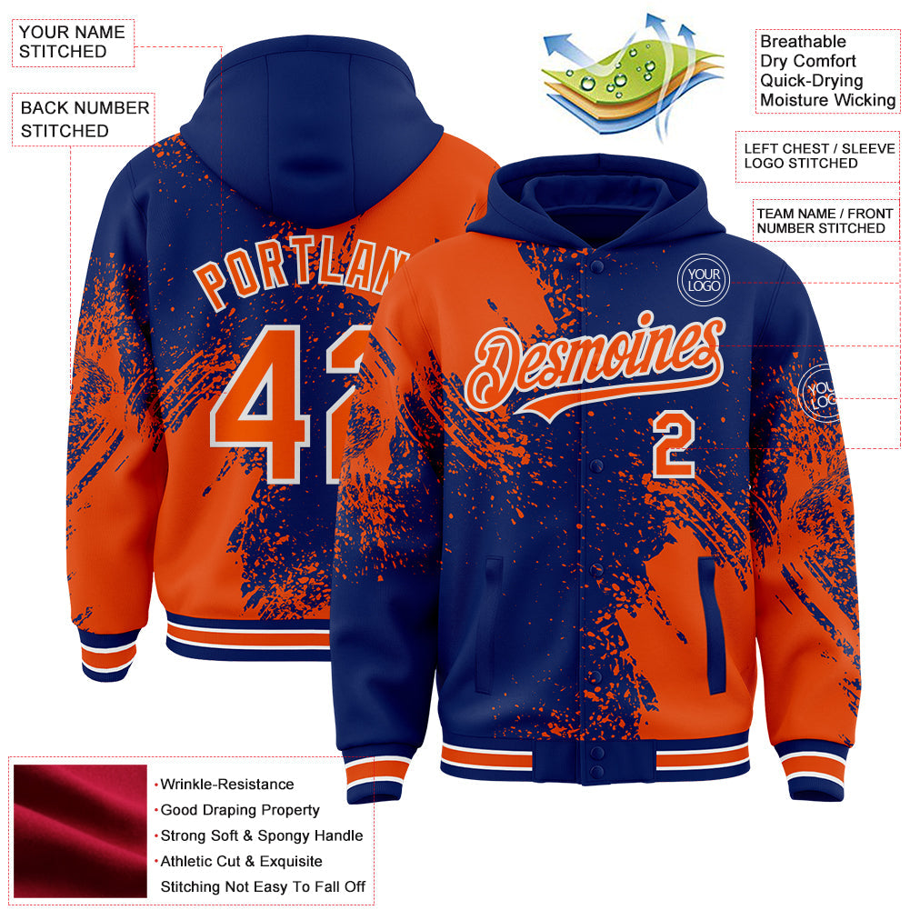 Custom Royal Orange-White Abstract Brush Stroke 3D Pattern Design Bomber Full-Snap Varsity Letterman Hoodie Jacket view 4