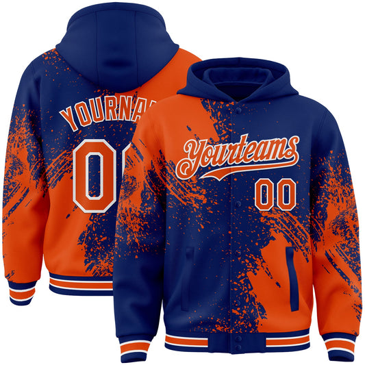 Custom Royal Orange-White Abstract Brush Stroke 3D Pattern Design Bomber Full-Snap Varsity Letterman Hoodie Jacket - Main View