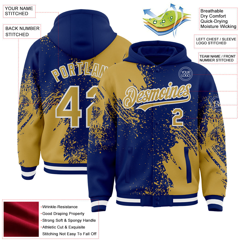 Custom Royal Old Gold-White Abstract Brush Stroke 3D Pattern Design Bomber Full-Snap Varsity Letterman Hoodie Jacket view 4