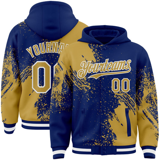 Custom Royal Old Gold-White Abstract Brush Stroke 3D Pattern Design Bomber Full-Snap Varsity Letterman Hoodie Jacket - Main View