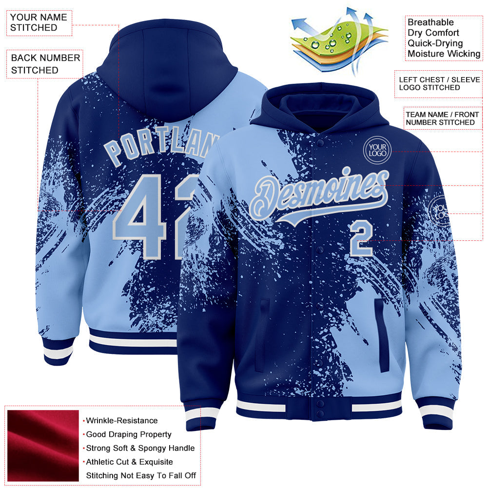 Custom Royal Light Blue-White Abstract Brush Stroke 3D Pattern Design Bomber Full-Snap Varsity Letterman Hoodie Jacket view 4