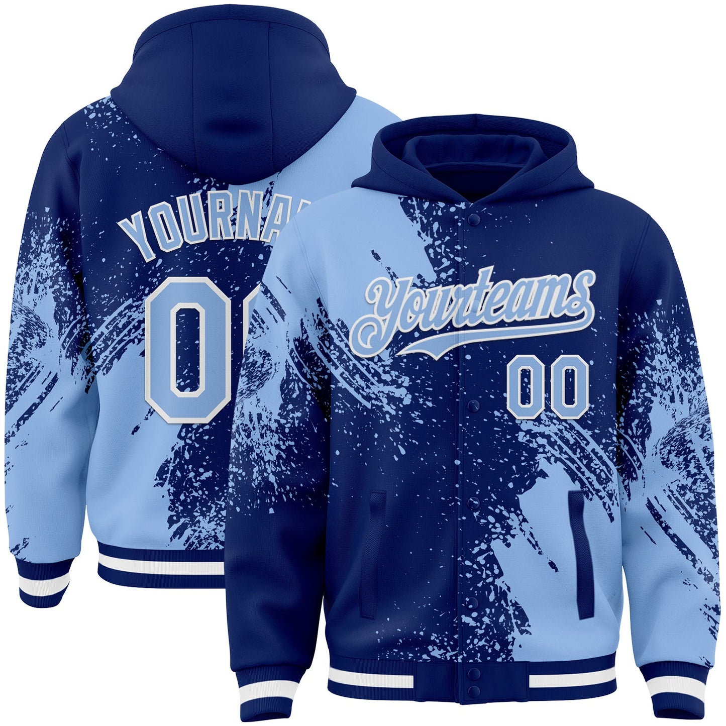 Custom Royal Light Blue-White Abstract Brush Stroke 3D Pattern Design Bomber Full-Snap Varsity Letterman Hoodie Jacket - Main View
