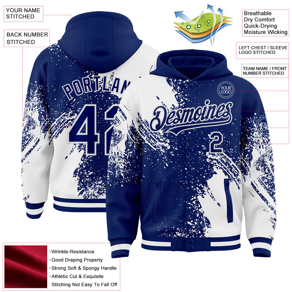 Custom Royal White Abstract Brush Stroke 3D Pattern Design Bomber Full-Snap Varsity Letterman Hoodie Jacket view 4