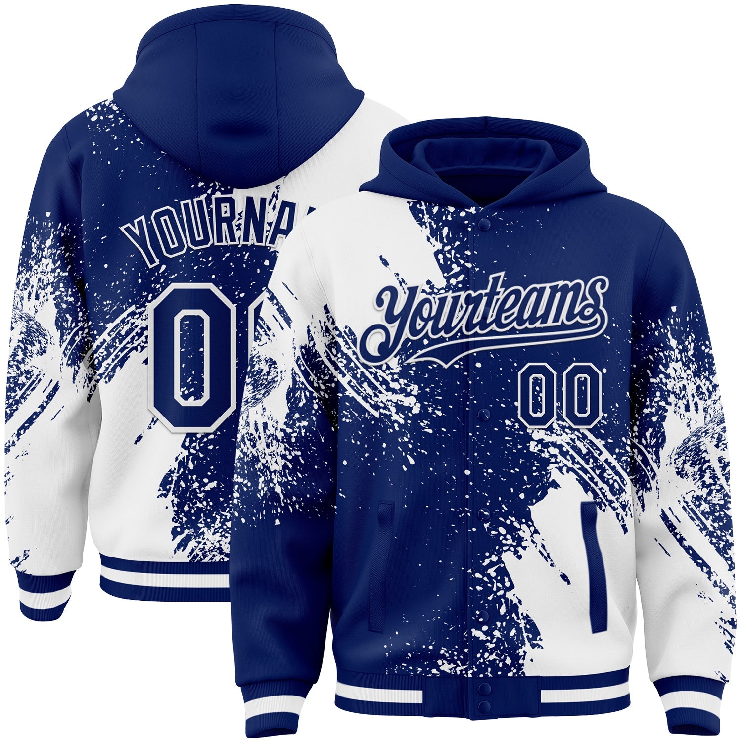 Custom Royal White Abstract Brush Stroke 3D Pattern Design Bomber Full-Snap Varsity Letterman Hoodie Jacket - Main View