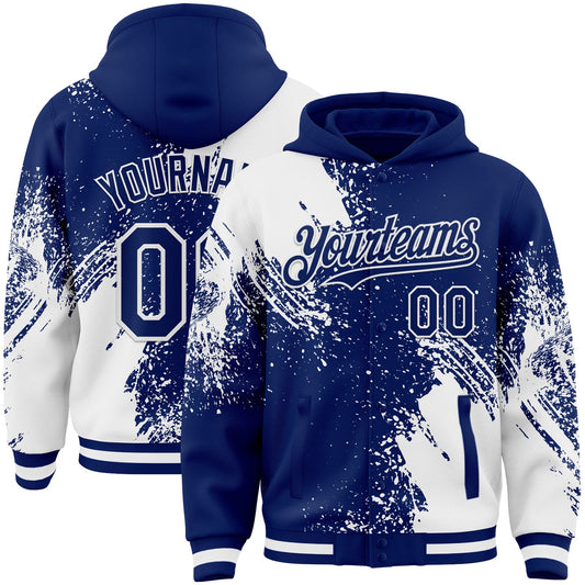 Custom Royal White Abstract Brush Stroke 3D Pattern Design Bomber Full-Snap Varsity Letterman Hoodie Jacket - Main View