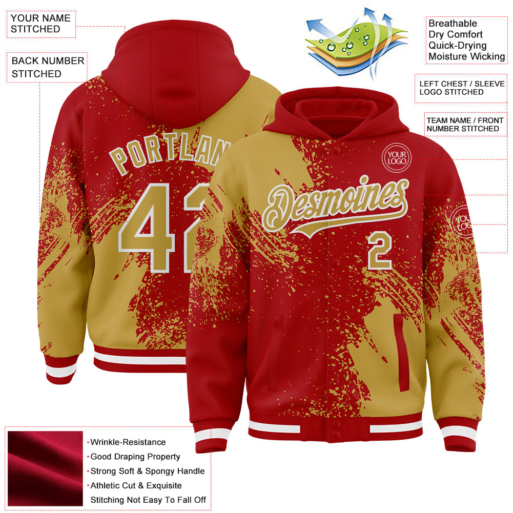 Custom Red Old Gold-White Abstract Brush Stroke 3D Pattern Design Bomber Full-Snap Varsity Letterman Hoodie Jacket view 4