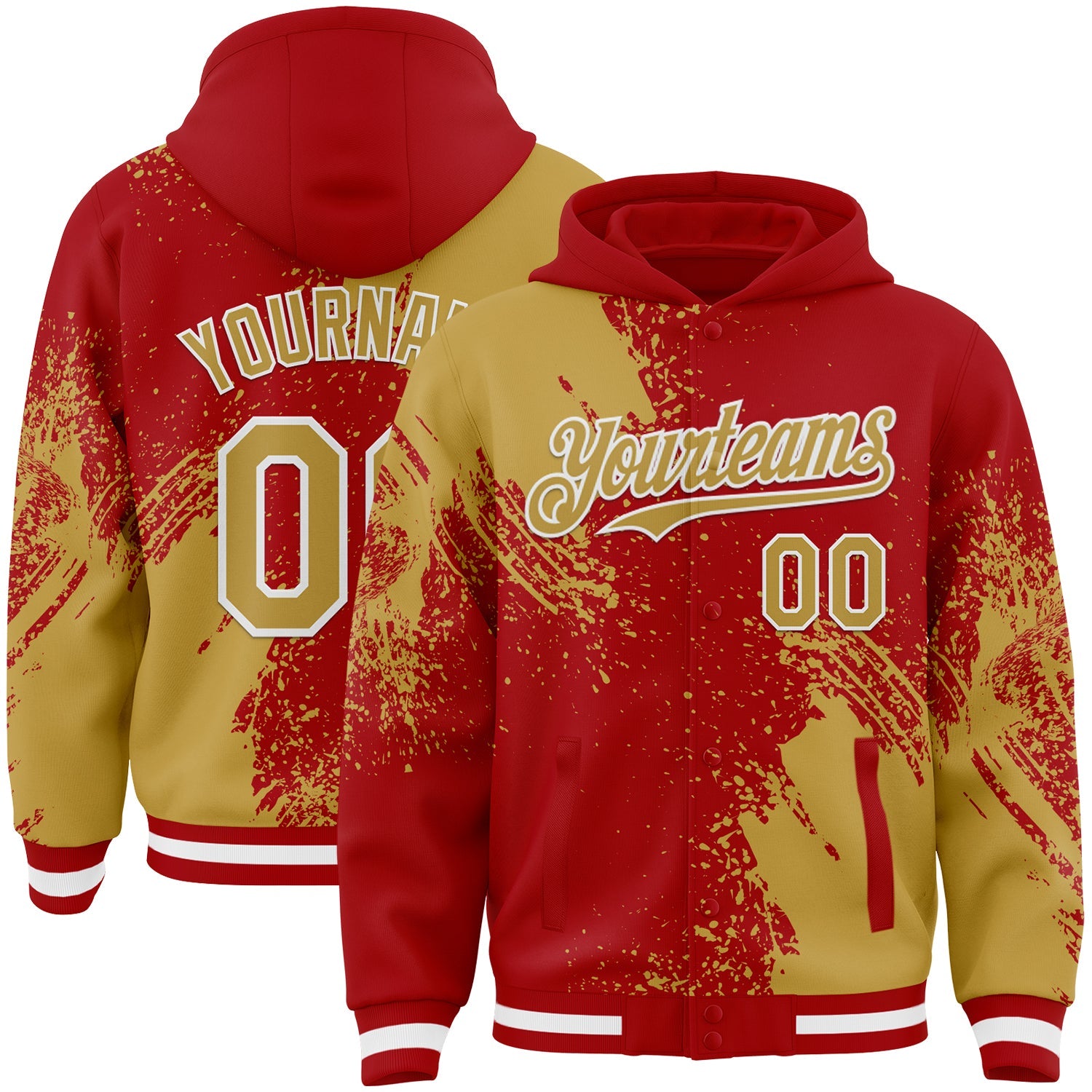 Custom Red Old Gold-White Abstract Brush Stroke 3D Pattern Design Bomber Full-Snap Varsity Letterman Hoodie Jacket - Main View