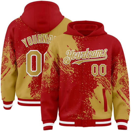 Custom Red Old Gold-White Abstract Brush Stroke 3D Pattern Design Bomber Full-Snap Varsity Letterman Hoodie Jacket - Main View