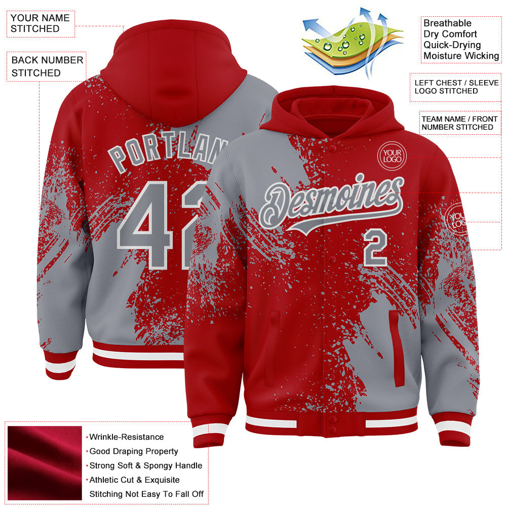 Custom Red Gray-White Abstract Brush Stroke 3D Pattern Design Bomber Full-Snap Varsity Letterman Hoodie Jacket view 4
