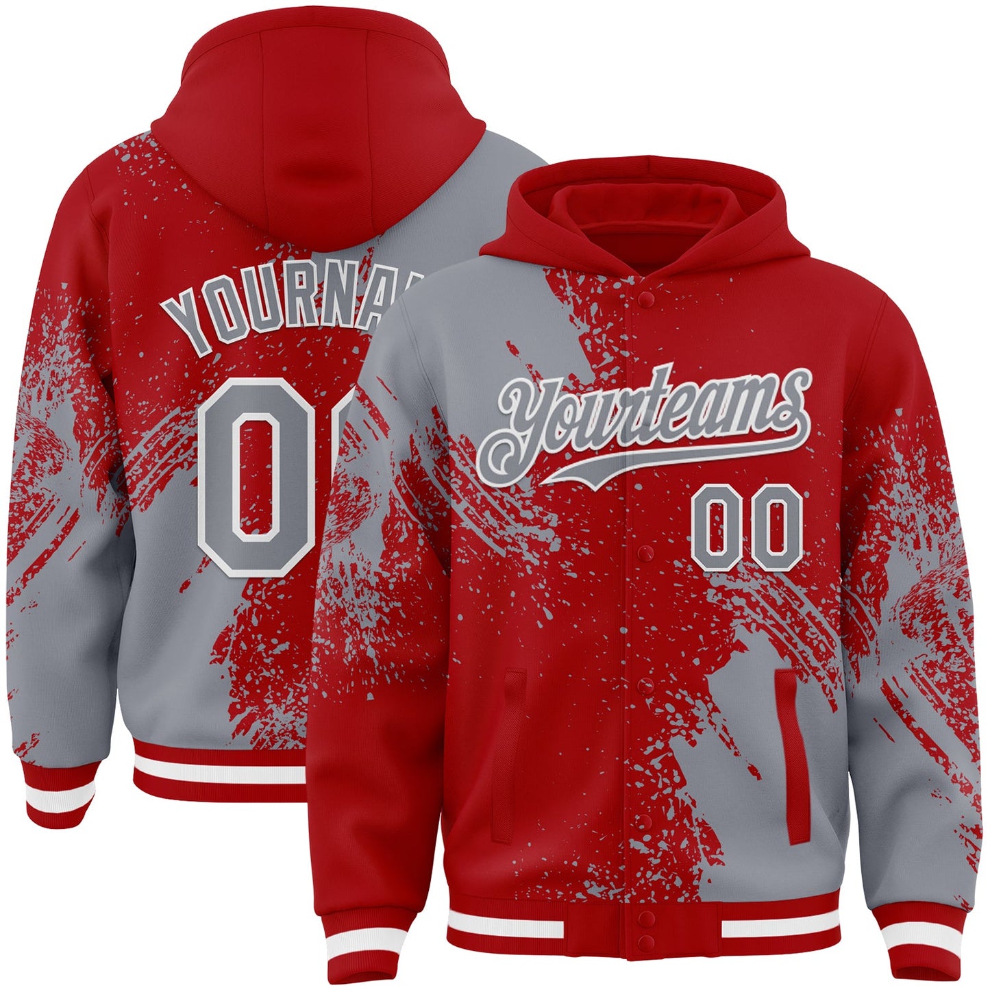 Custom Red Gray-White Abstract Brush Stroke 3D Pattern Design Bomber Full-Snap Varsity Letterman Hoodie Jacket - Main View