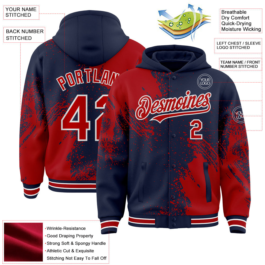 Custom Navy Red-White Abstract Brush Stroke 3D Pattern Design Bomber Full-Snap Varsity Letterman Hoodie Jacket view 4