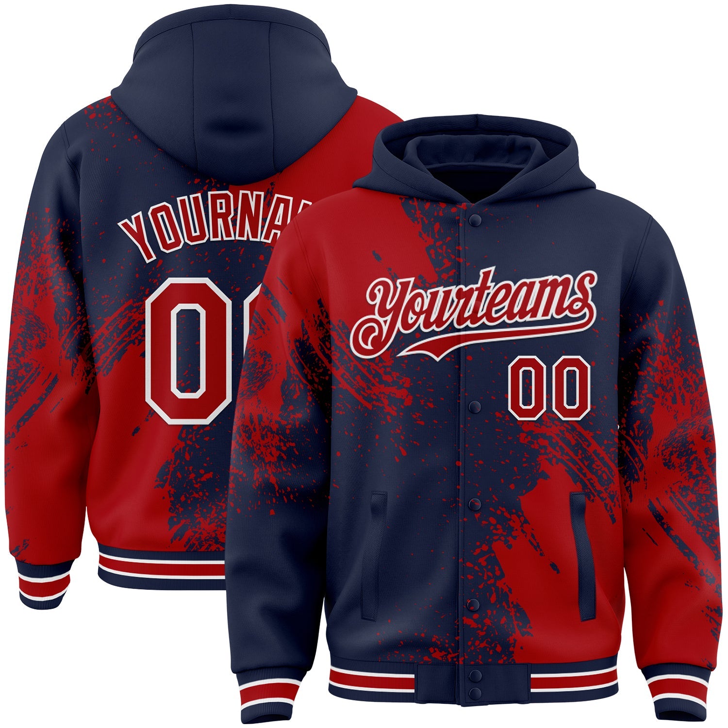 Custom Navy Red-White Abstract Brush Stroke 3D Pattern Design Bomber Full-Snap Varsity Letterman Hoodie Jacket - Main View