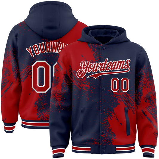 Custom Navy Red-White Abstract Brush Stroke 3D Pattern Design Bomber Full-Snap Varsity Letterman Hoodie Jacket - Main View