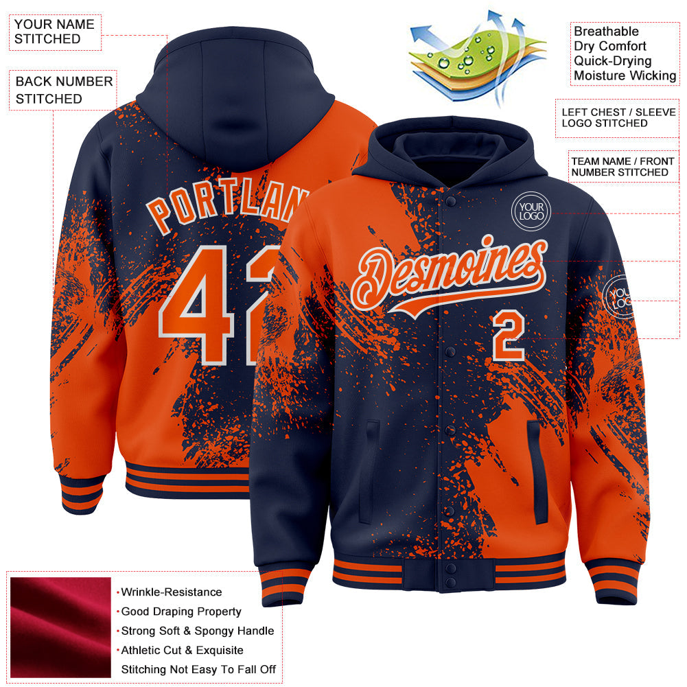 Custom Navy Orange-White Abstract Brush Stroke 3D Pattern Design Bomber Full-Snap Varsity Letterman Hoodie Jacket view 4