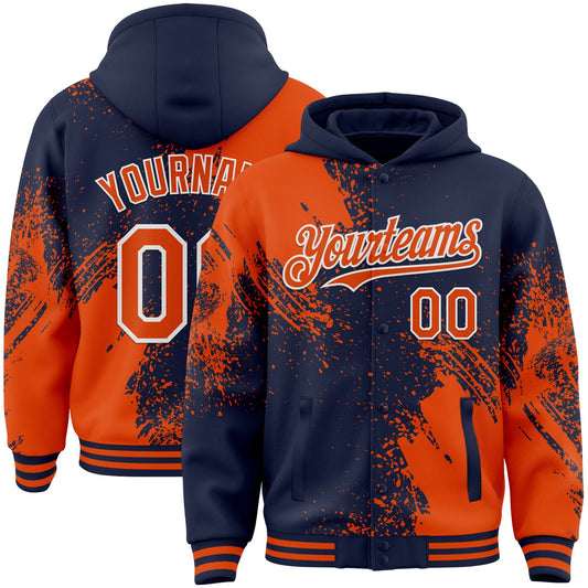 Custom Navy Orange-White Abstract Brush Stroke 3D Pattern Design Bomber Full-Snap Varsity Letterman Hoodie Jacket - Main View